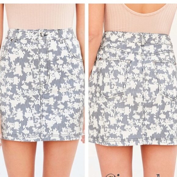 BDG Denim Mini Skirt Blue White Stripes Floral - Picture 2 of 12